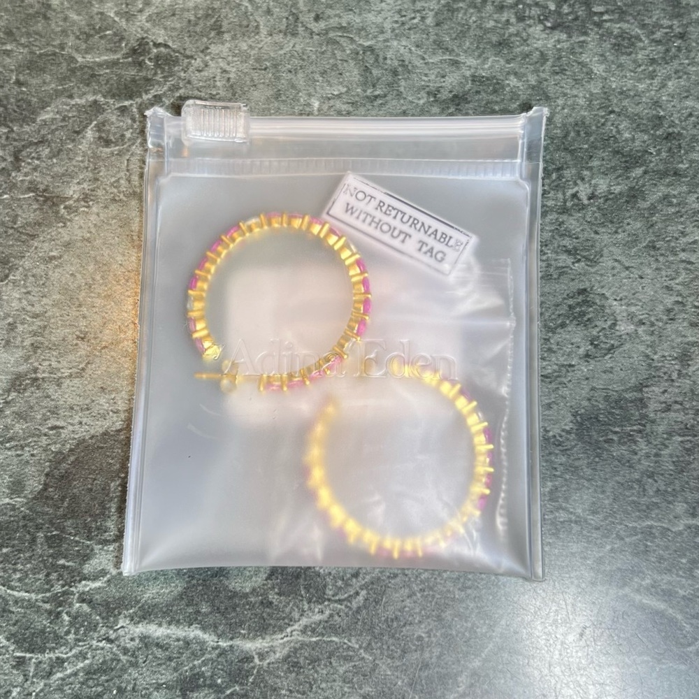 Hoop Earrings Gold Plated Adina Eden Jewels Pink Multi Colored Round Stone NWT